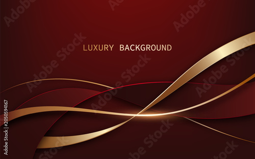 Luxurious abstract background with elegant golden ribbons flowing across a rich deep red gradient backdrop. Vector Illustration