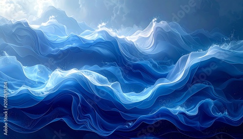 An abstract, stylized depiction of ocean waves. Layered in a range of blues with a cloudy sky backdrop, creating a fluid effect