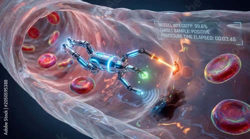 Microscopic robot performs surgery inside human bloodstream for medical science.