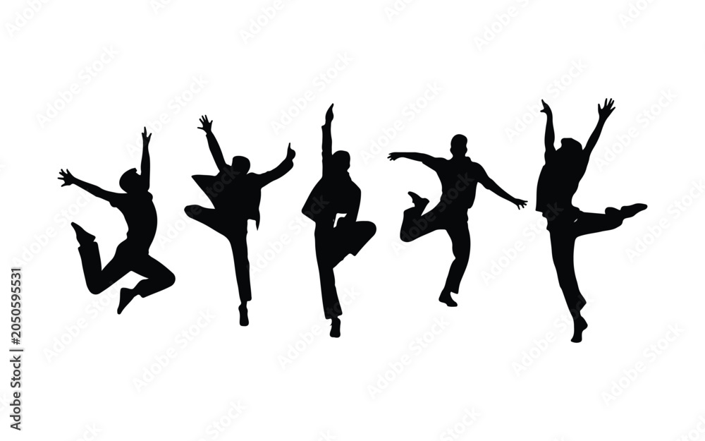 Fototapeta premium Human Activity Silhouettes: Diverse Poses of Men Jumping, Running, Standing, Sitting - Flat Vector Set