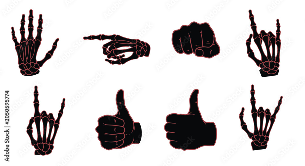Fototapeta premium Skeleton Hand Gestures Collection: Rock On, Thumbs Up, Pointing, Fist