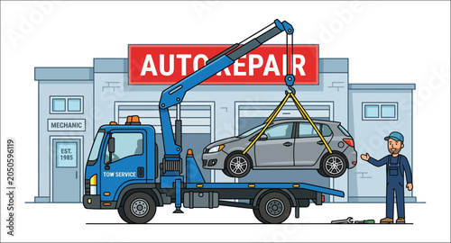 Foto Tow Truck Lifting Car In Front Of Auto Repair Shop Vector Illustration