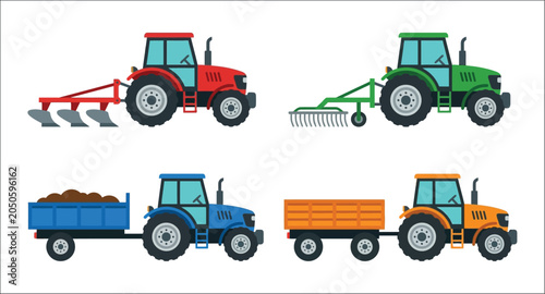 Slika na platnu Farm Tractors With Implements Flat Vector Illustration On White Background
