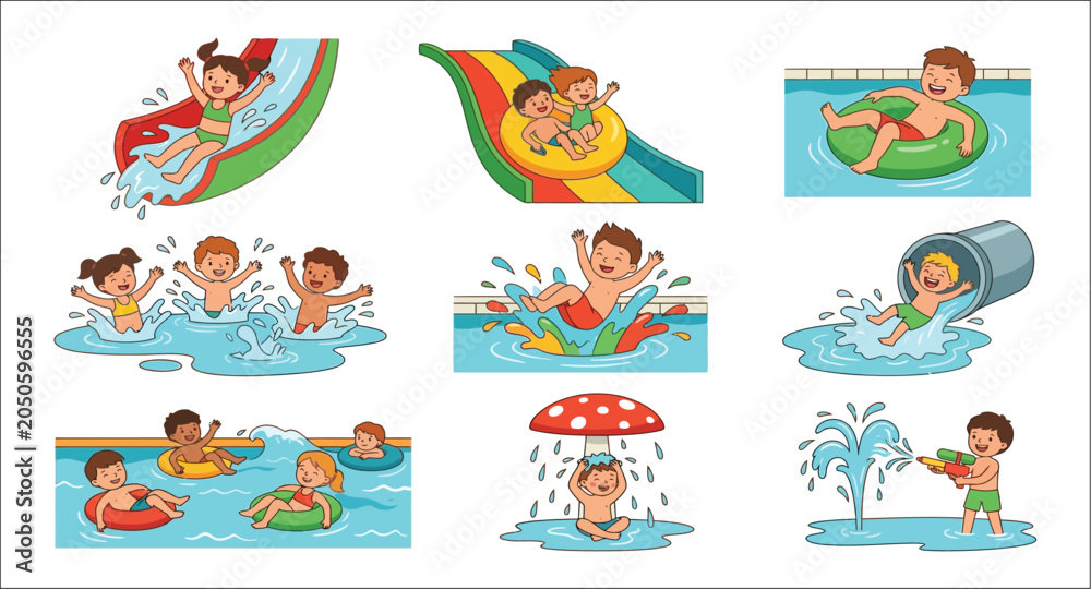 Fototapeta premium Children Playing In Water Vector Illustration Collection