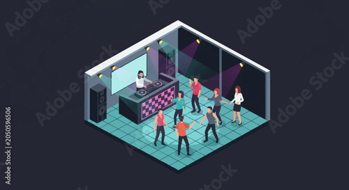 Bild auf Leinwand Isometric view of a DJ playing music for people dancing in a nightclub with colorful lights and speakers