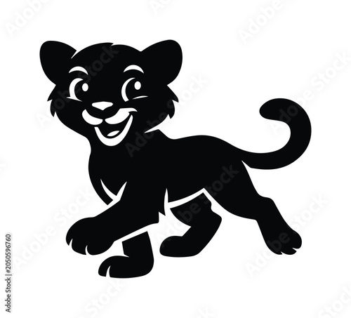 Canvas Print Black panther cub vector illustration, cute baby leopard silhouette, smiling wil