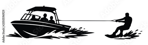 Cuadro en lienzo Water skiing silhouette vector, motorboat towing a water skier on lake, black an