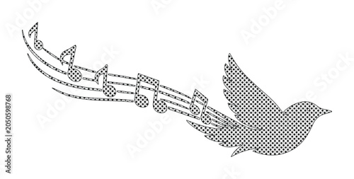 Photos Melodic bird song vector illustration, elegant flying dove with musical notes, h