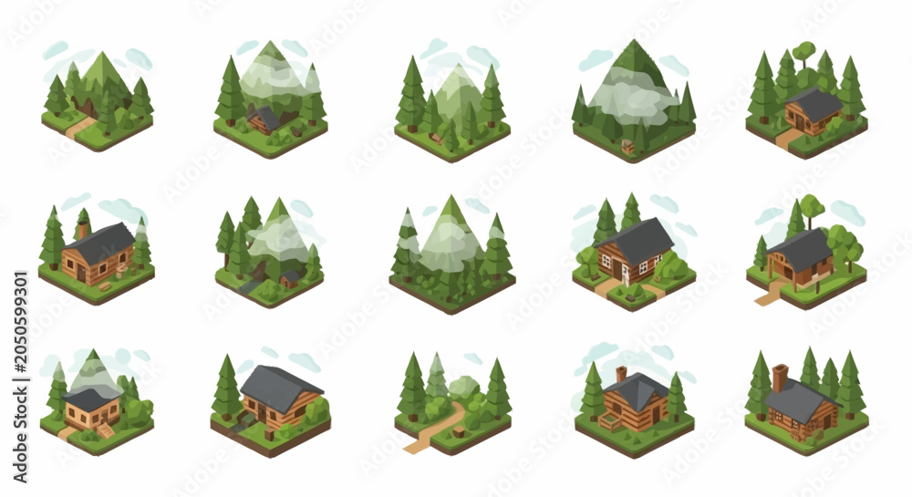 Fototapeta premium Collection of isometric dioramas featuring small wooden houses nestled within lush green forests and mountains.