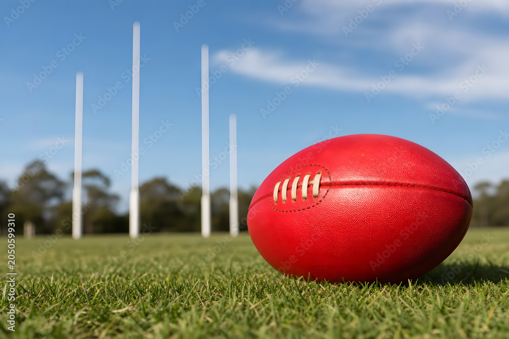 Naklejka premium Close-Up of Red Australian Rules Football on Grass Field