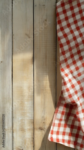 Sunlit rustic wooden planks with checkered cloth drape