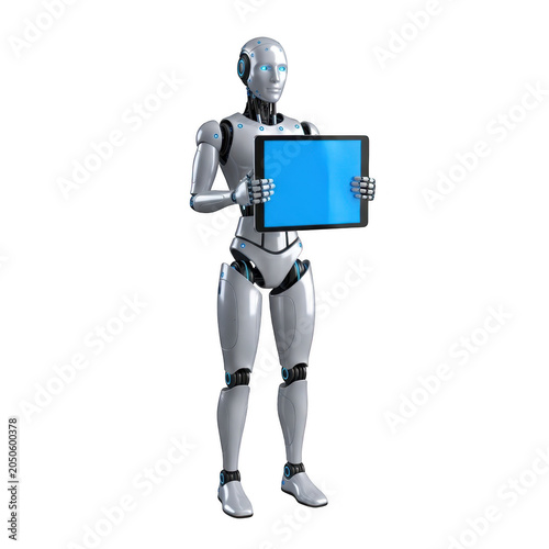 Futuristic robot holding a digital tablet with a blank screen