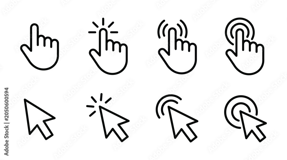Fototapeta premium Set of eight different cursor icons showing hand and arrow pointers with click effects