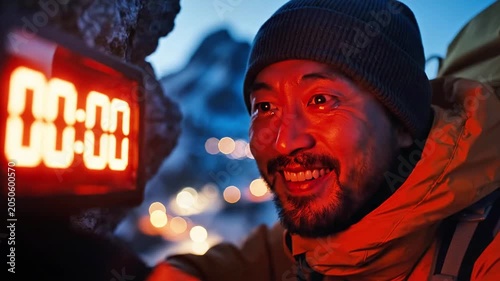 A smiling man in winter gear looks at a timer in a scenic outdoor setting