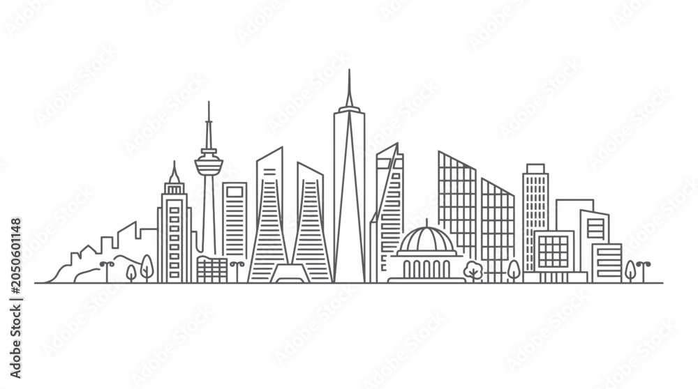 Obraz premium Modern City Skyline Outline Vector Illustration - Urban Landscape