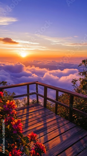 Vibrant sunset view from a wooden mountain balcony above clouds
