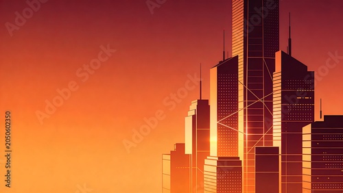 Futuristic city skyline at sunset background, modern geometric skyscrapers vector illustration style with copy space