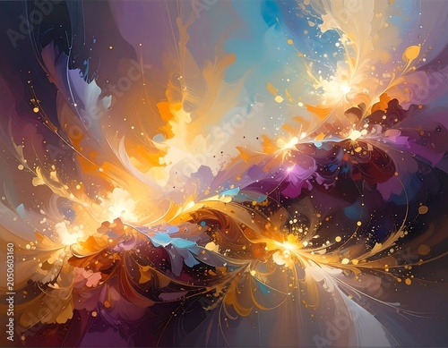 An abstract swirling composition featuring vibrant colors such as orange, purple, and blue in a dynamic display of light and form
