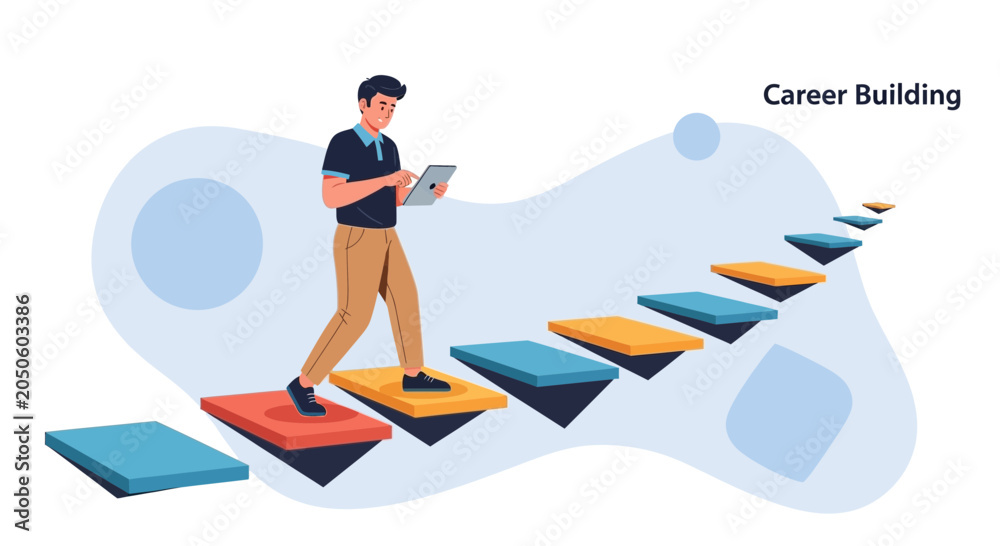 Obraz premium Man climbing stairs representing career growth, using tablet for planning and advancement. Career building concept.