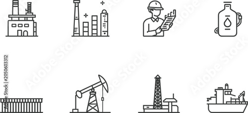 Konstfotografi Petroleum industry outline icon set featuring chemical plant refinery factory en