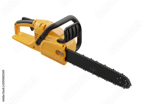 Yellow Chainsaw Power Tool With Safety Handle and Cutting Chain Isolated on transparent background