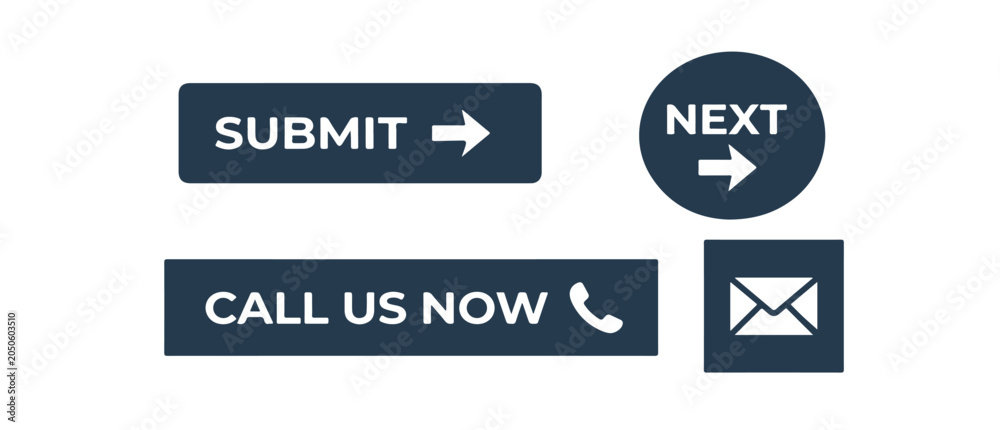 Fototapeta premium Minimalist UI button collection with submit arrow, next circle, call us now, and contact envelope icons, isolated vector silhouette on white background