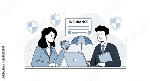 Insurance Agents Consulting Clients Offering Protection and Security with Policy Documents and Shields