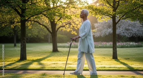 Senior Person Walking Through a Serene Park with Green Trees and Beautiful Morning Light Illuminating the Scene