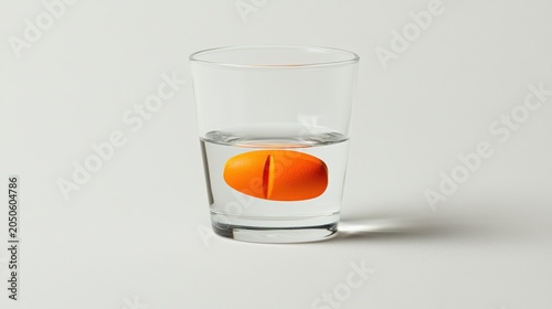 Bright Orange Capsule Floating in Clear Glass of Water