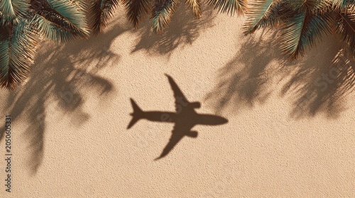 Airplane flying over palm trees beach.