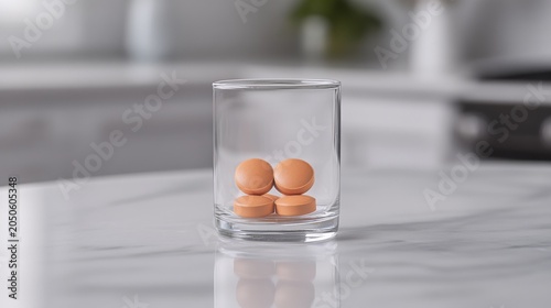 Orange tablets in glass container on smooth marble surface