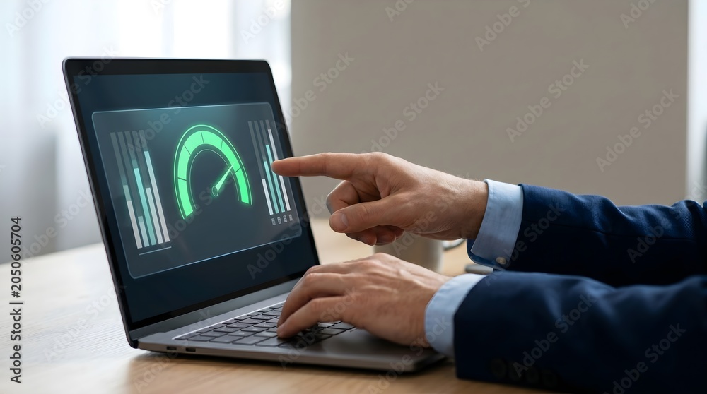 Fototapeta premium Man interacting with digital performance dashboard on laptop.