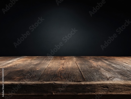 Rustic wooden table in soft focus against a blurred black backdrop