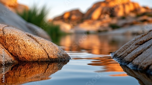 Stunning close up of desert rocks and calm reflective water surface at sunset golden hour scenic nature landscape photography print