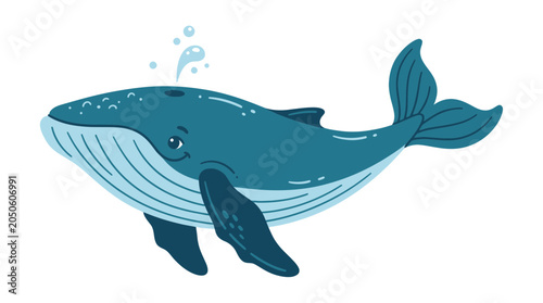 Tableau sur toile Cute Cartoon Blue Whale Spouting Water Isolated on White Background