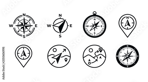 Fotografie Compass Icons Collection: Navigation, Direction, Travel, Adventure, Maps, Orient