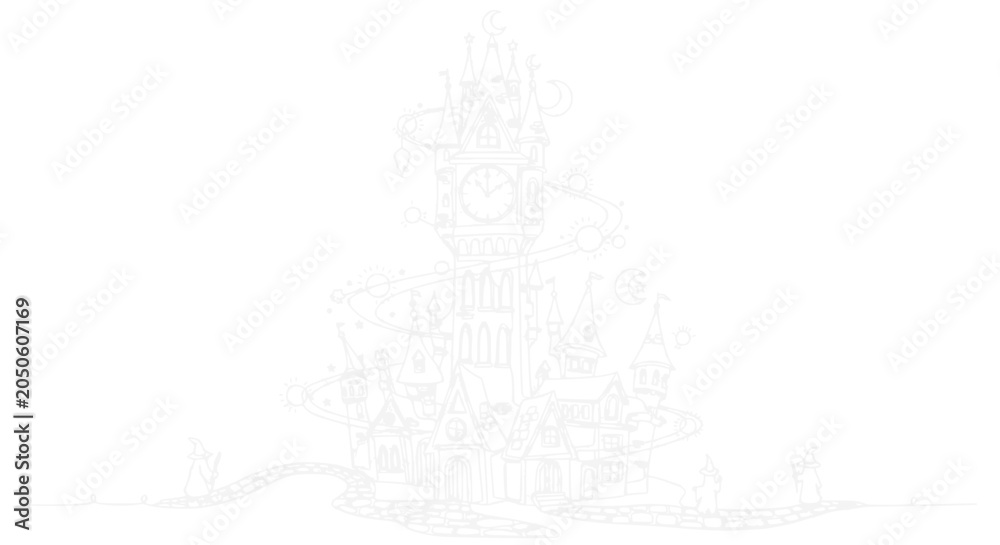 Obraz premium Whimsical Fantasy Castle Drawing - Surreal Architecture, Dreamlike Structure, Outline Art