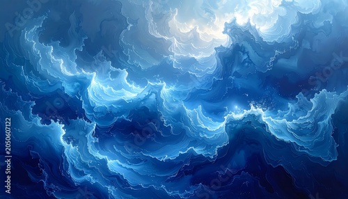 An abstract swirling composition of blue and white colors mimics a dynamic cloudscape with luminous highlights