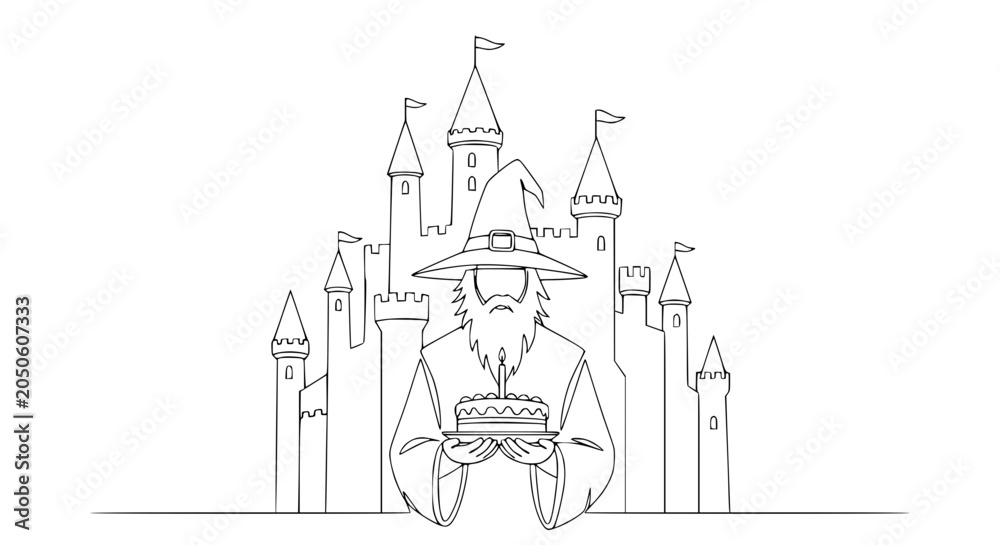 Fototapeta premium Wizard Holding Birthday Cake in Front of Castle, Fantasy Celebration