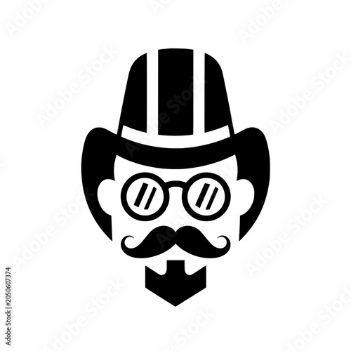 Minimalist vector illustration of a gentleman's head wearing a high hat, round glasses, and a thick mustache.