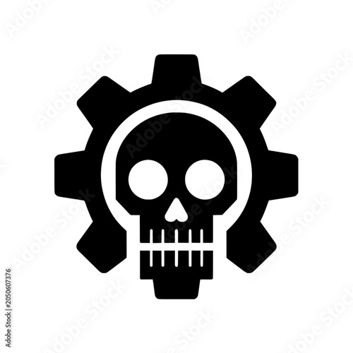 Minimalist vector illustration combining a human skull emblem with a gear wheel shape.