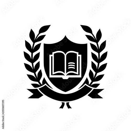 Minimalist vector emblem or logo illustration featuring an open book icon inside a shield, surrounded by a laurel wreath and a banner ribbon at the bottom.