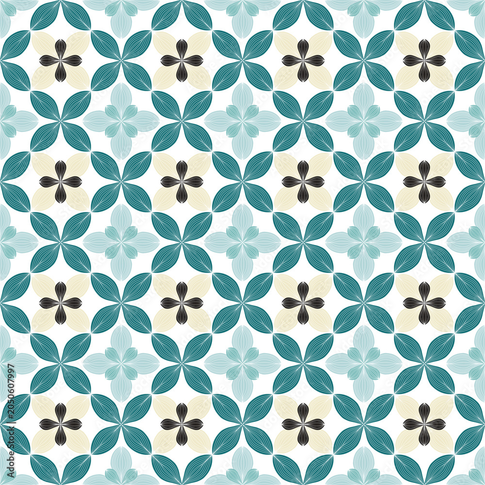 Fototapeta premium A high-quality seamless vector pattern featuring a symmetrical geometric layout with fine line-art petals in teal, soft cream, light blue, and dark brown accents. 