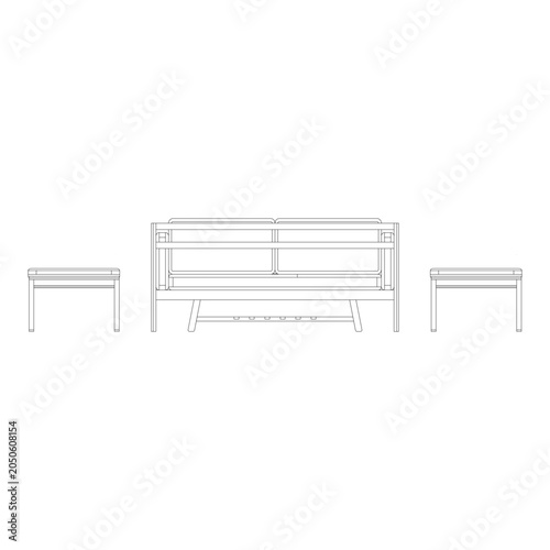 Cuadro en lienzo Front view of living room set with two seater sofa, arm chair, square coffee table, and side stool in clean outline style