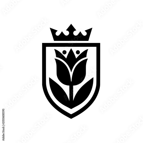 Tulip flower emblem silhouette vector illustration with shield and crown