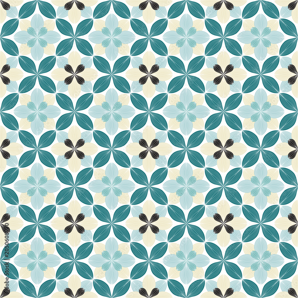 Fototapeta premium A premium seamless vector pattern displaying an intricate geometric floral design with fine line-art petals in teal, soft cream, light blue, and dark brown. 