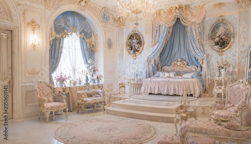 Luxury rococo bedroom interior with pastel blue decor and elegant furnishings