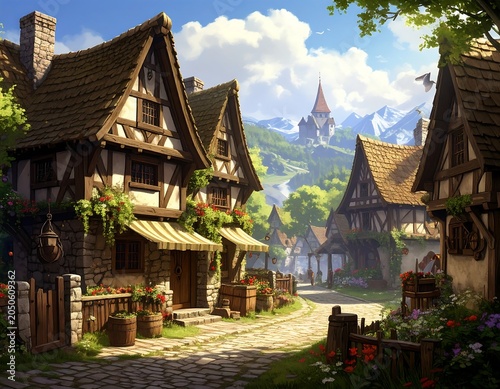 An idyllic medieval village scene with timber-framed houses lining a cobblestone street, mountains in the distance