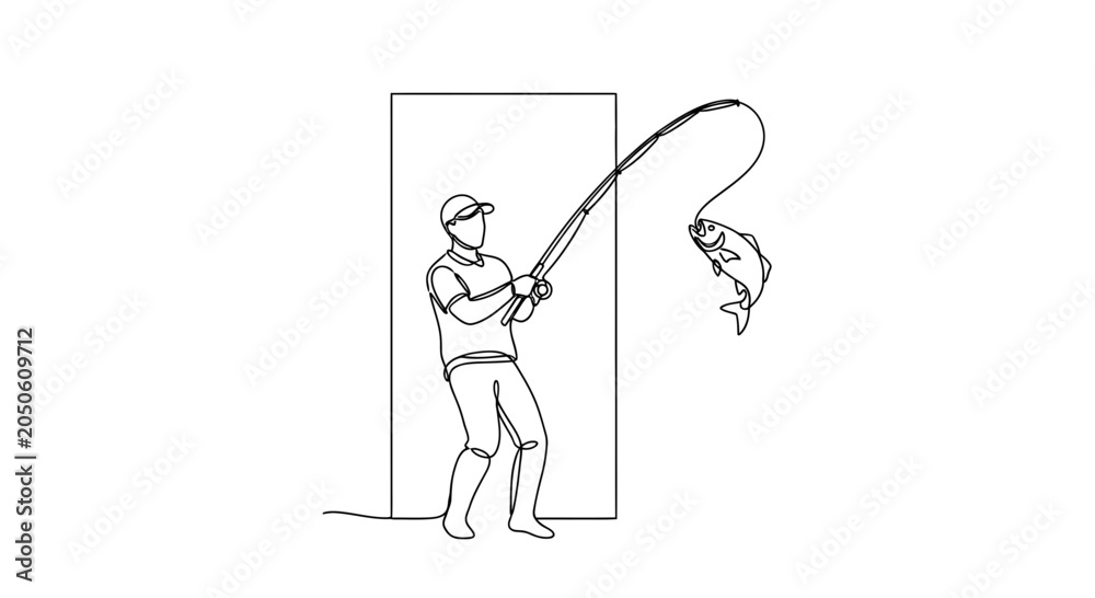 Fototapeta premium Fisherman catching fish with fishing rod, continuous line drawing, minimalist style