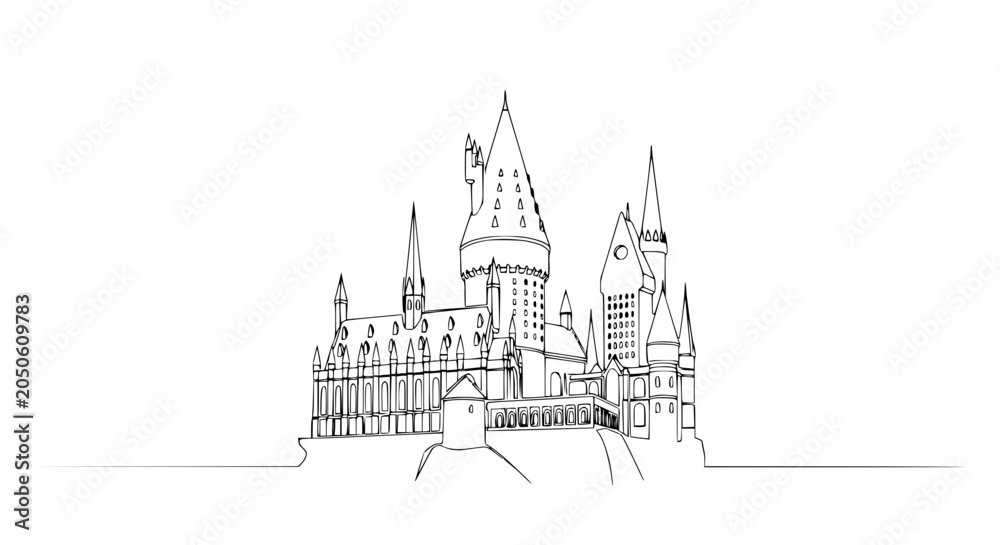Obraz premium Fantasy Castle Drawing, Architectural Sketch, Medieval Landmark Outline, White Background